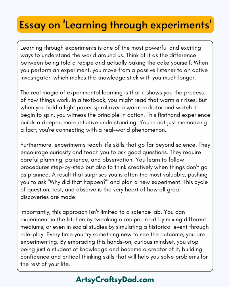 'Learning through experiments' – 300 Words Essay for Grades 8 to 10 Students