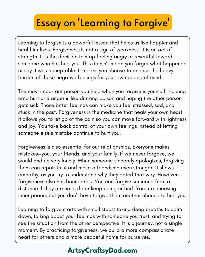 'Learning to Forgive' - 300 Words  Essay for Grades 9 to 10 Students