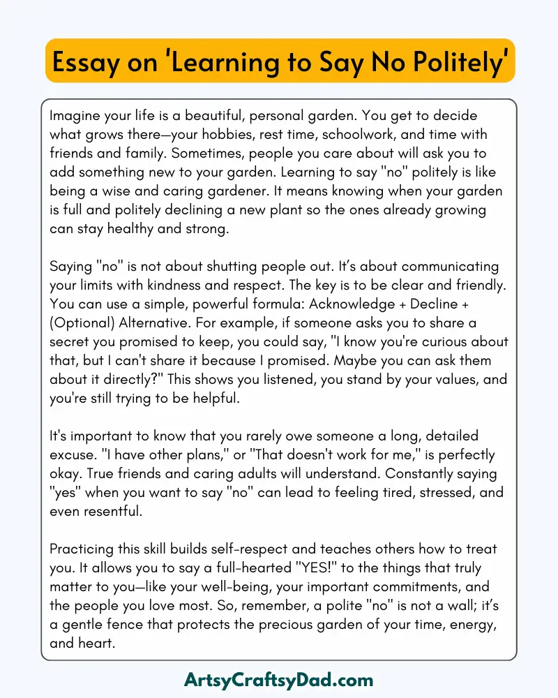 'Learning to Say No Politely' - 300 Words  Essay for Grades 9 to 10 Students