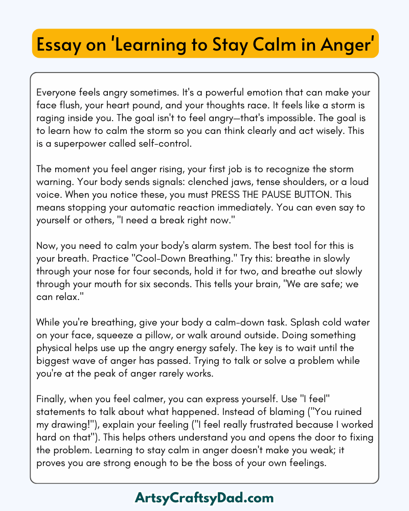 'Learning to Stay Calm in Anger' - 300 Words Essay for Grades 8 to 10 Students