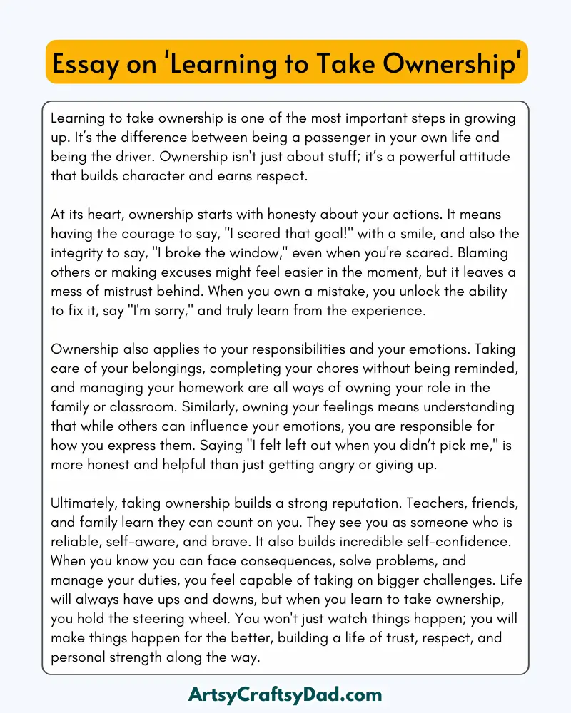 'Learning to Take Ownership' – 300 Words Essay for Grades 8 to 10 Students