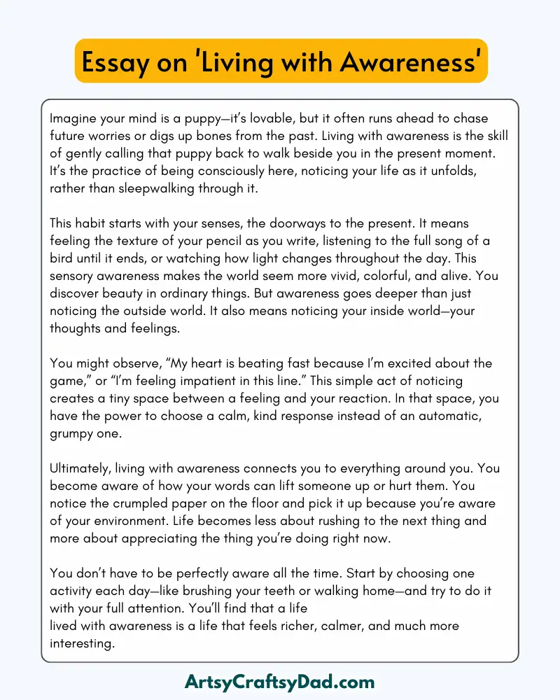 'Living with Awareness' - 300 Words Essay for Grades 8 to 10 Students