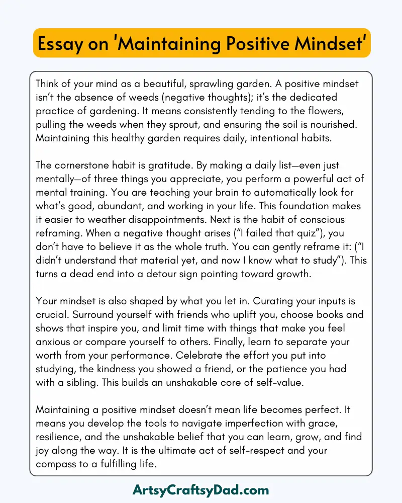 'Maintaining Positive Mindset' - 300 Words  Essay for Grades 9 to 10 Students