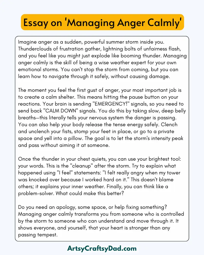 'Managing Anger Calmly' - 300 Words  Essay for Grades 8 to 10 Students