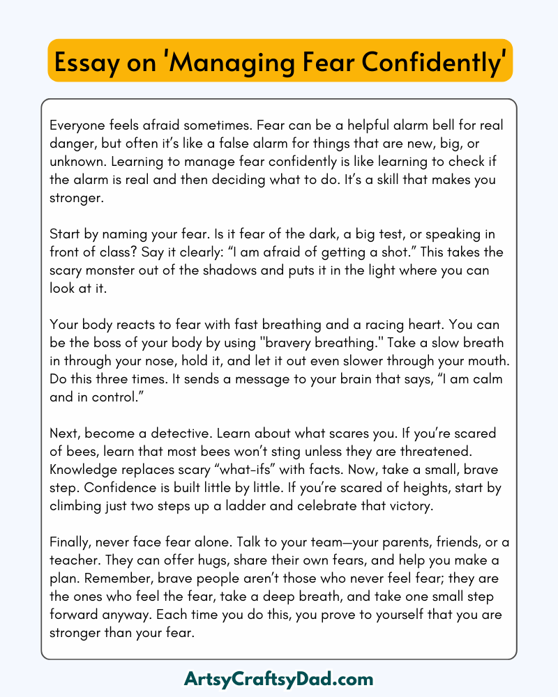 'Managing Fear Confidently' - 300 Words Essay for Grades 8 & 9 Students