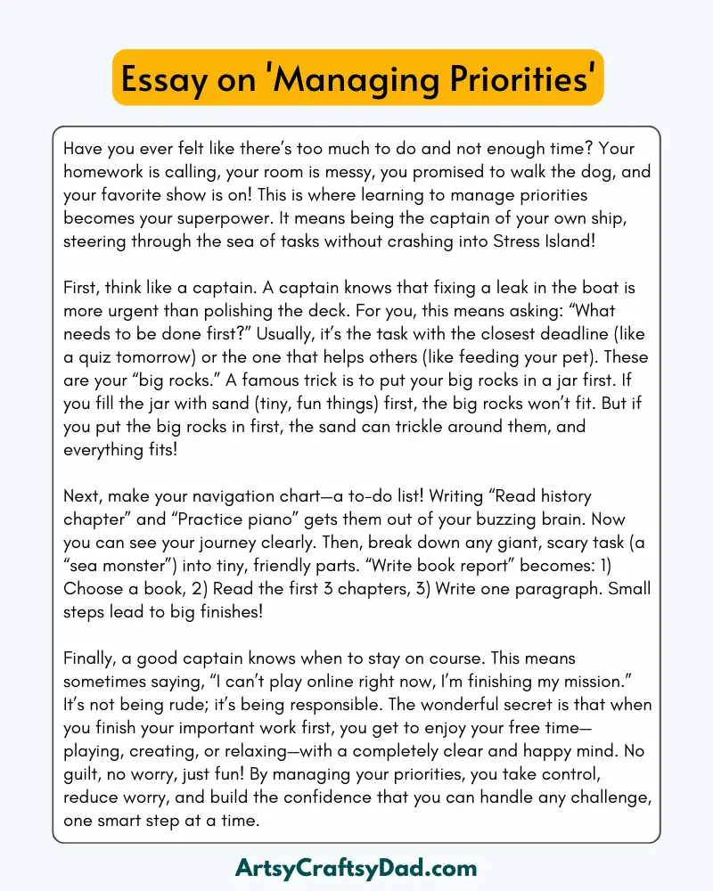 'Managing Priorities' – 300 Words Essay for Grades 8 to 10 Students