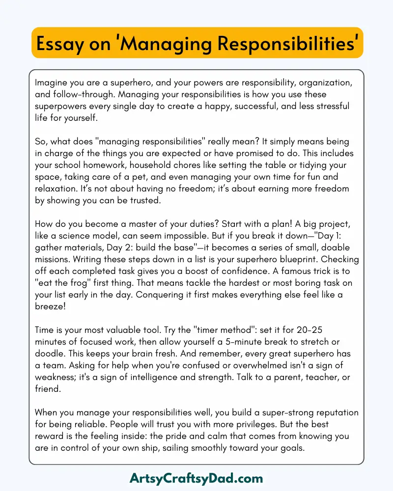 'Managing Responsibilities' - 300 Words Essay for Grades 8 to 10 Students