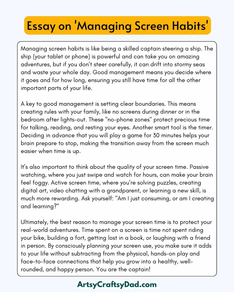 'Managing Screen Habits' - 300 Words  Essay for Grade 8 Students