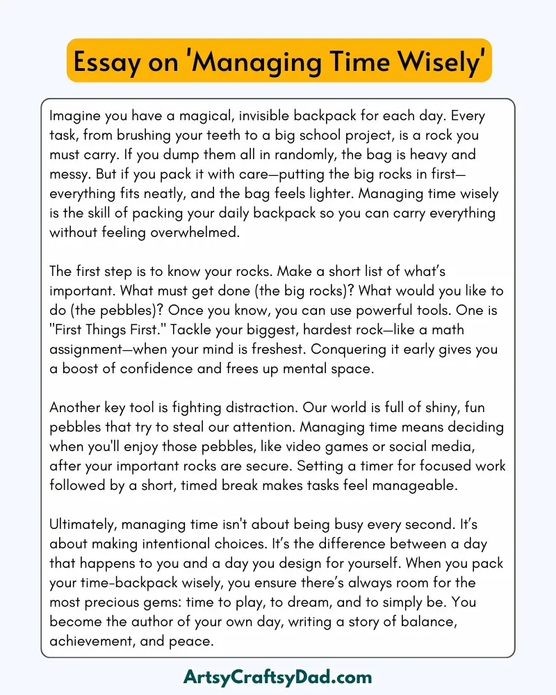'Managing Time Wisely' - 300 Words  Essay for Grades 8 to 9 Students