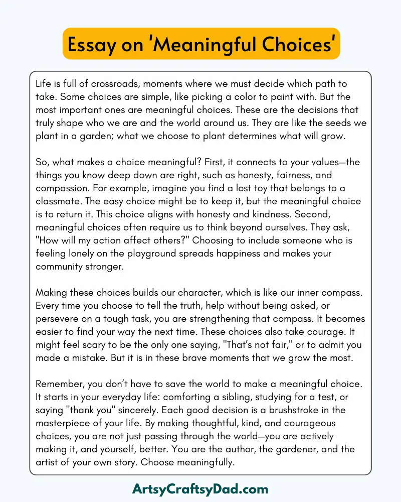 'Meaningful Choices' – 300 Words Essay for Grades 8 to 10 Students