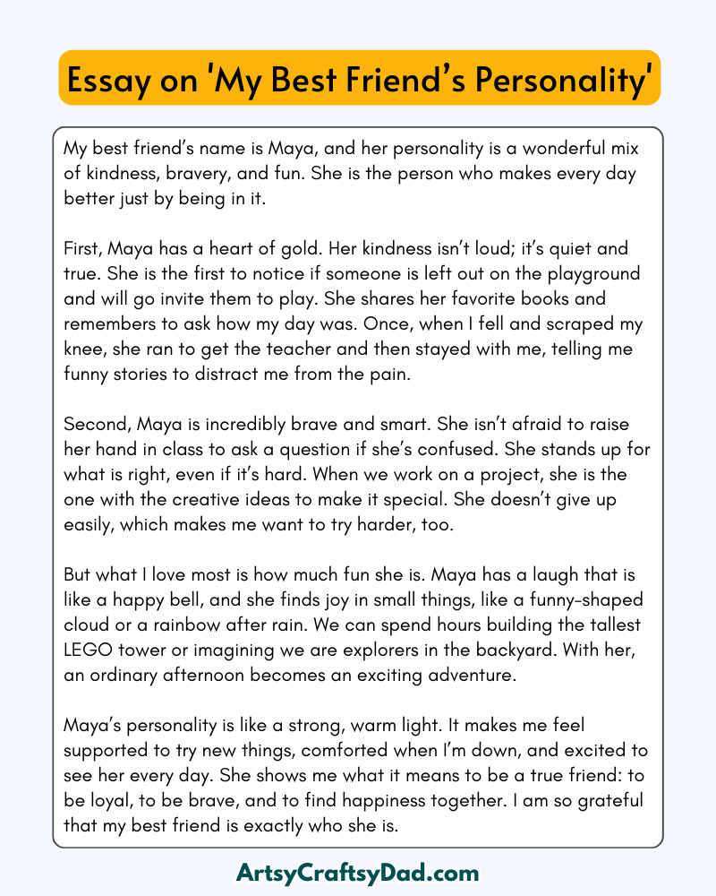 'My best friend’s personality' - 300 Words Essay for Grade 7 & 8 Students