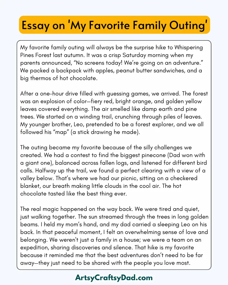 'My Favorite Family Outing' - 300 Words  Essay for Grades 7 to 8 Students