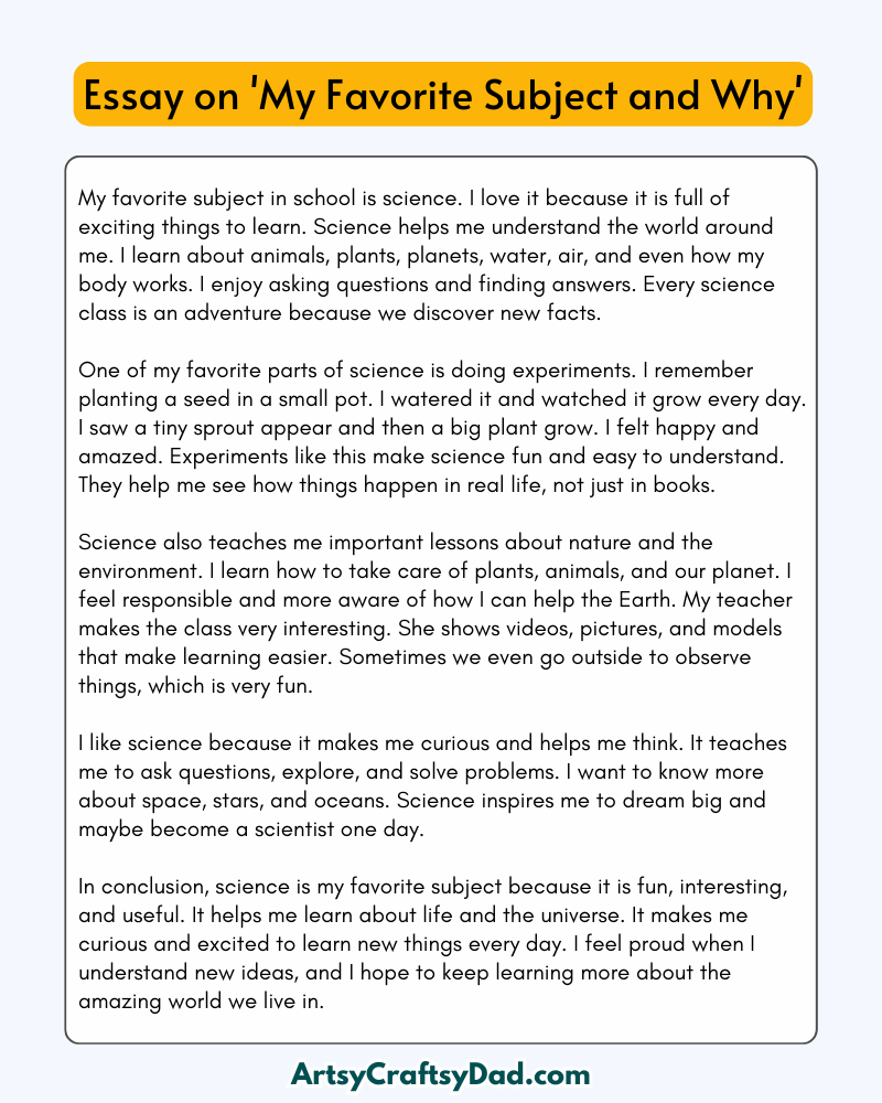 'My Favorite Subject and Why' – 300 Words Essay for Grades 6 to 7 Students