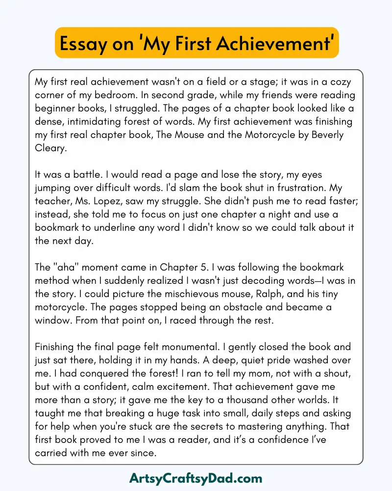 'My First Achievement' - 300 Words  Essay for Grades 8 to 10 Students