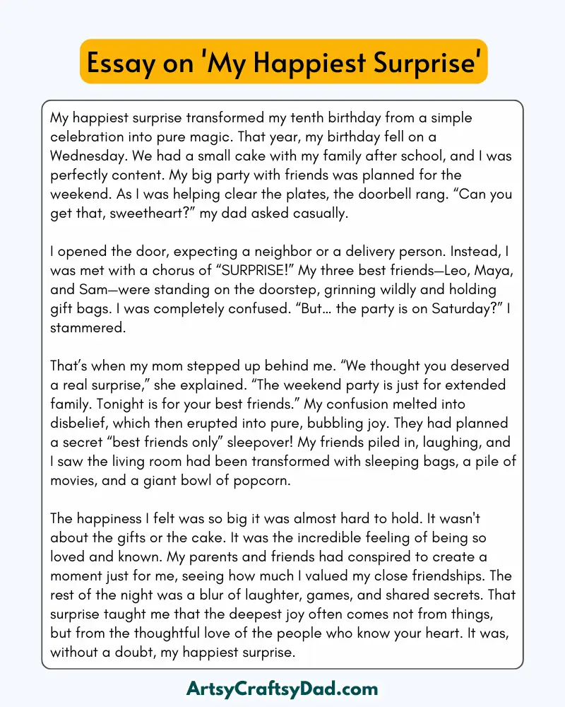 'My Happiest Surprise' - 300 Words  Essay for Grades 7 to 8 Students
