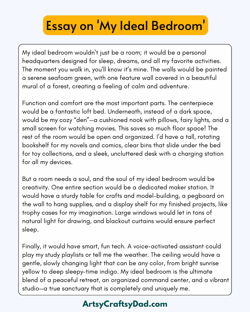 'My Ideal Bedroom' - 300 Words Essay for Grades 8 to 10 Students