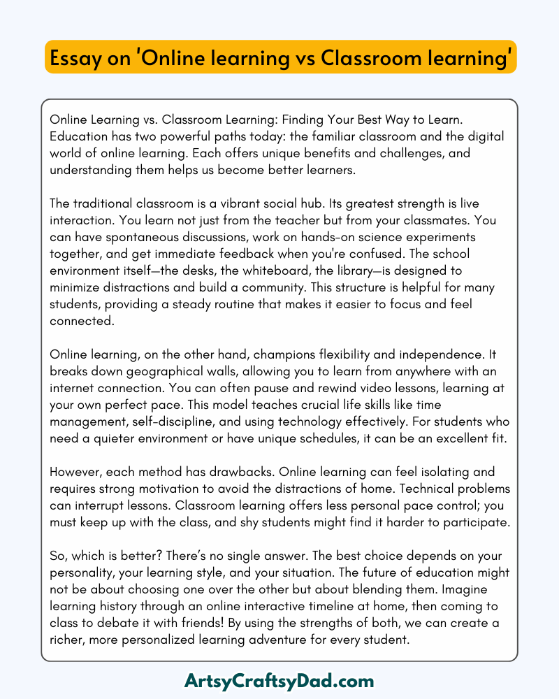 'Online learning vs Classroom learning' – 300 Words Essay for grades 8 to 9 students