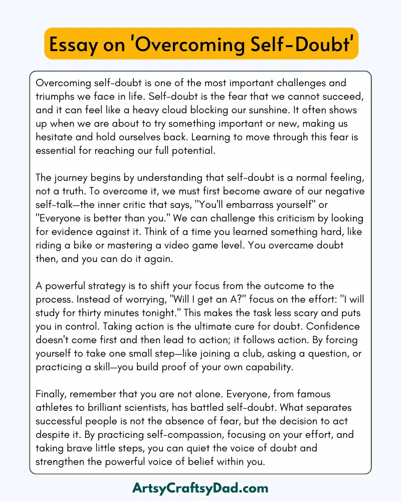 'Overcoming Self-Doubt' - 300 Words  Essay for Grades 9 to 10  Students