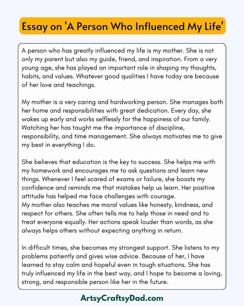 'A Person Who Influenced My Life' – 300 Words Essay for Grades 8 to 10 students