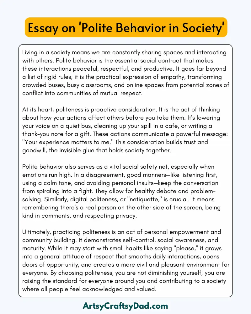 'Polite Behavior in Society' - 300 Words Essay for Grades 9 to 10 Students