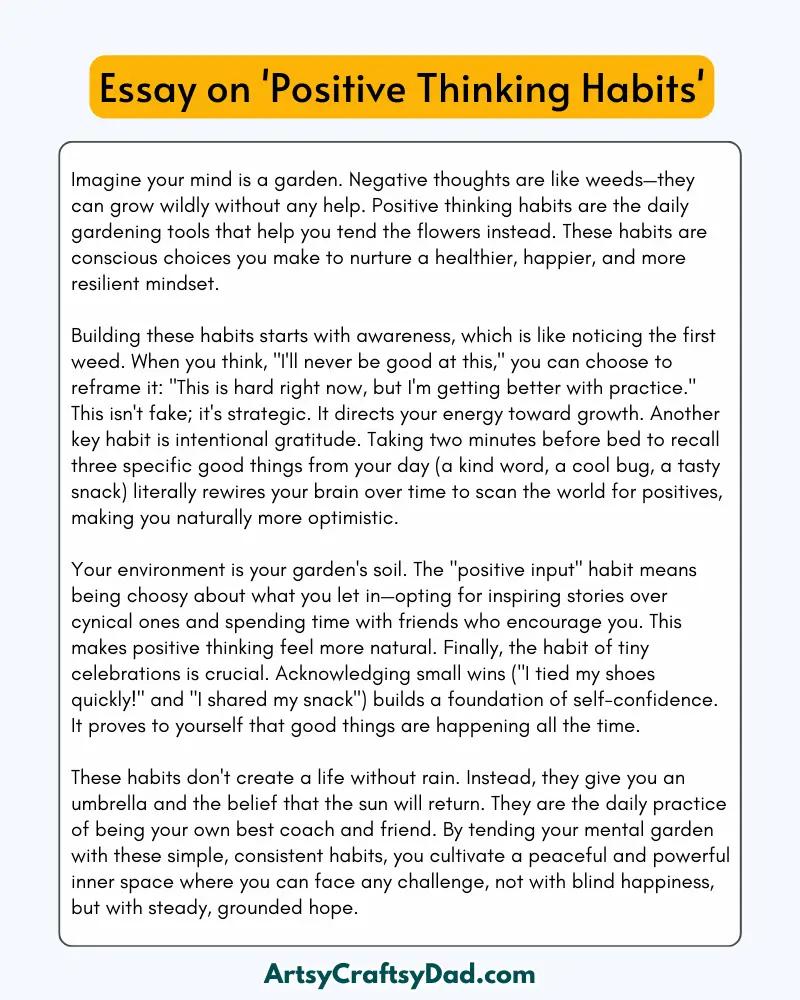 'Positive Thinking Habits' - 300 Words  Essay for Grades 8 to 10 Students