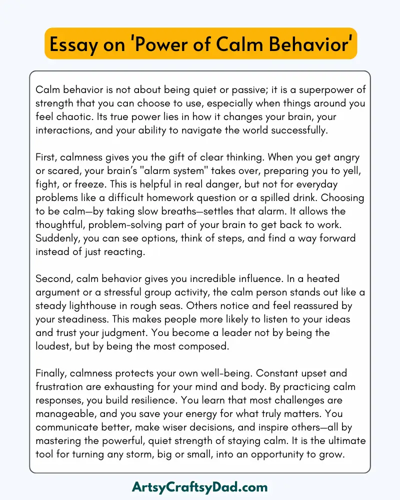 'Power of Calm Behavior' - 300 Words  Essay for Grades 8 to 10 Students