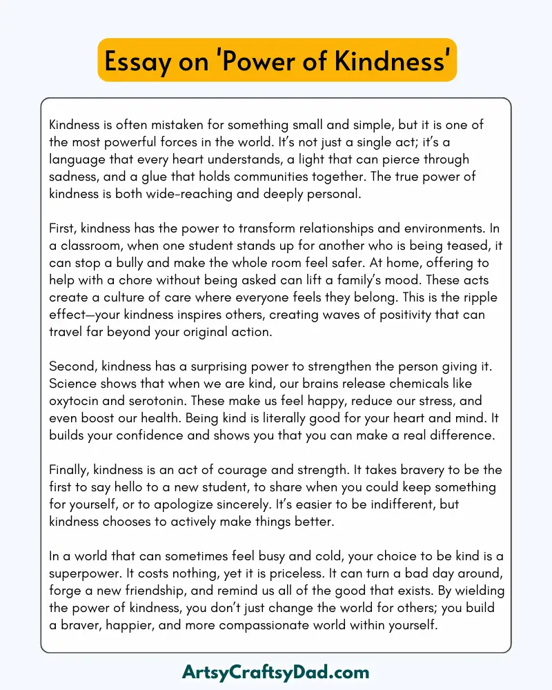 'Power of Kindness' - 300 Words  Essay for Grades 8 to 10 Students