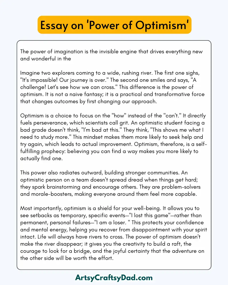 'Power of Optimism' - 300 Words  Essay for Grades 9 to 10 Students