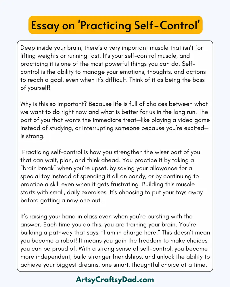 'Practicing Self-Control' - 300 Words  Essay for Grades 8 to 10 Students