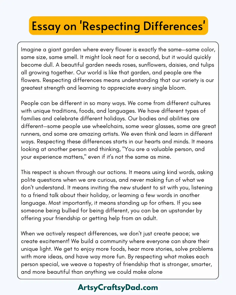 'Respecting Differences' - 300 Words  Essay for Grades 8 to 10 Students