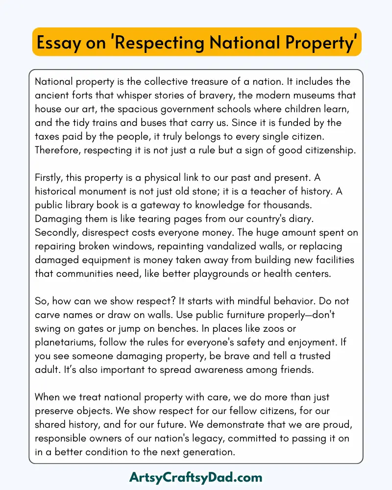 'Respecting National Property' - 300 Words  Essay for Grades 8 to 10 Students