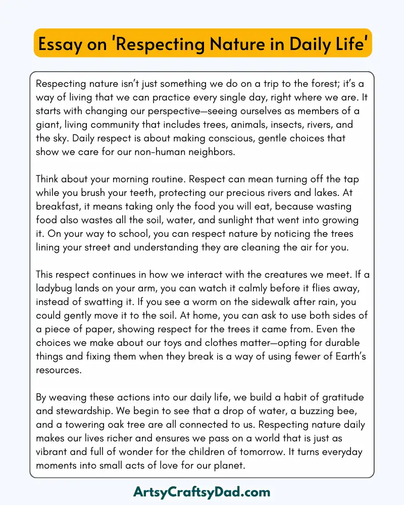 'Respecting Nature in Daily Life' - 300 Words  Essay for Grades 7 to 10 Students