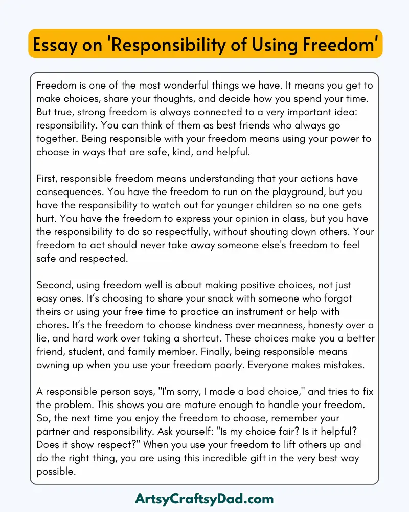 'Responsibility of Using Freedom' - 300 Words  Essay for Grades 9 to 10 Students