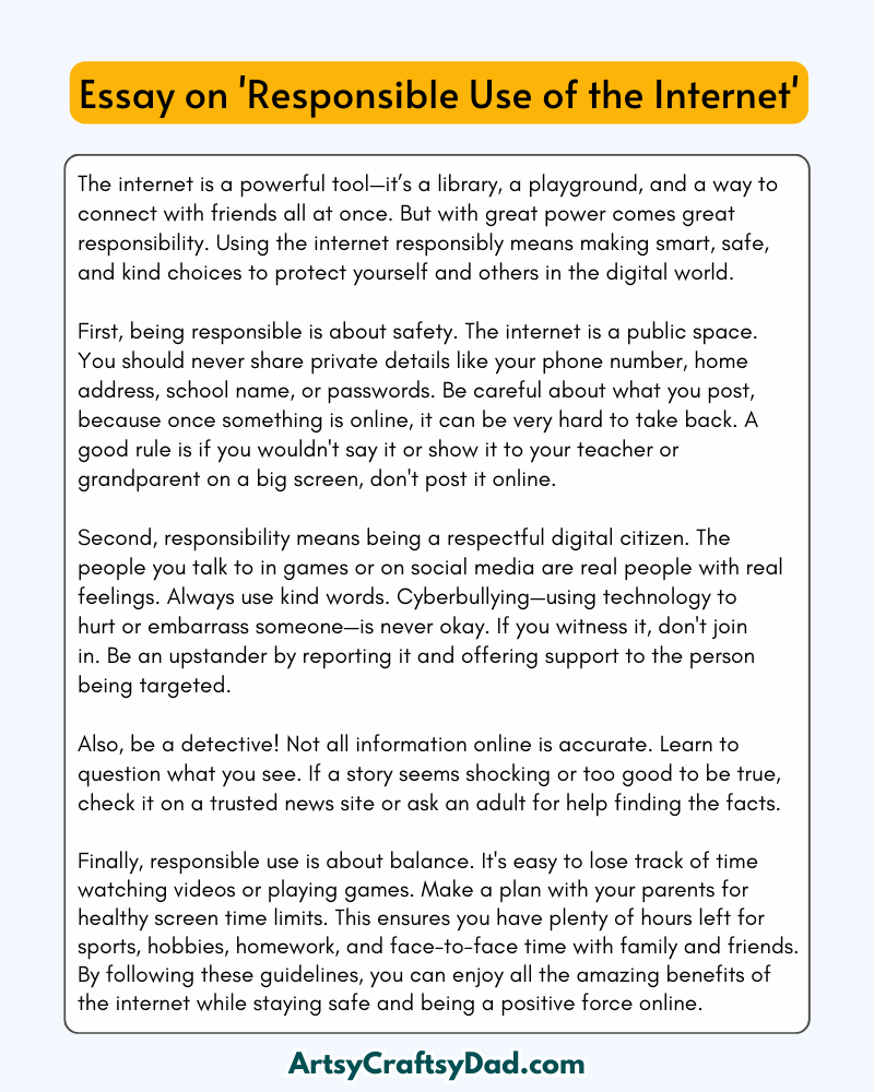 'Responsible Use of the Internet' - 300 Words Essay for Grades 9 & 10  Students