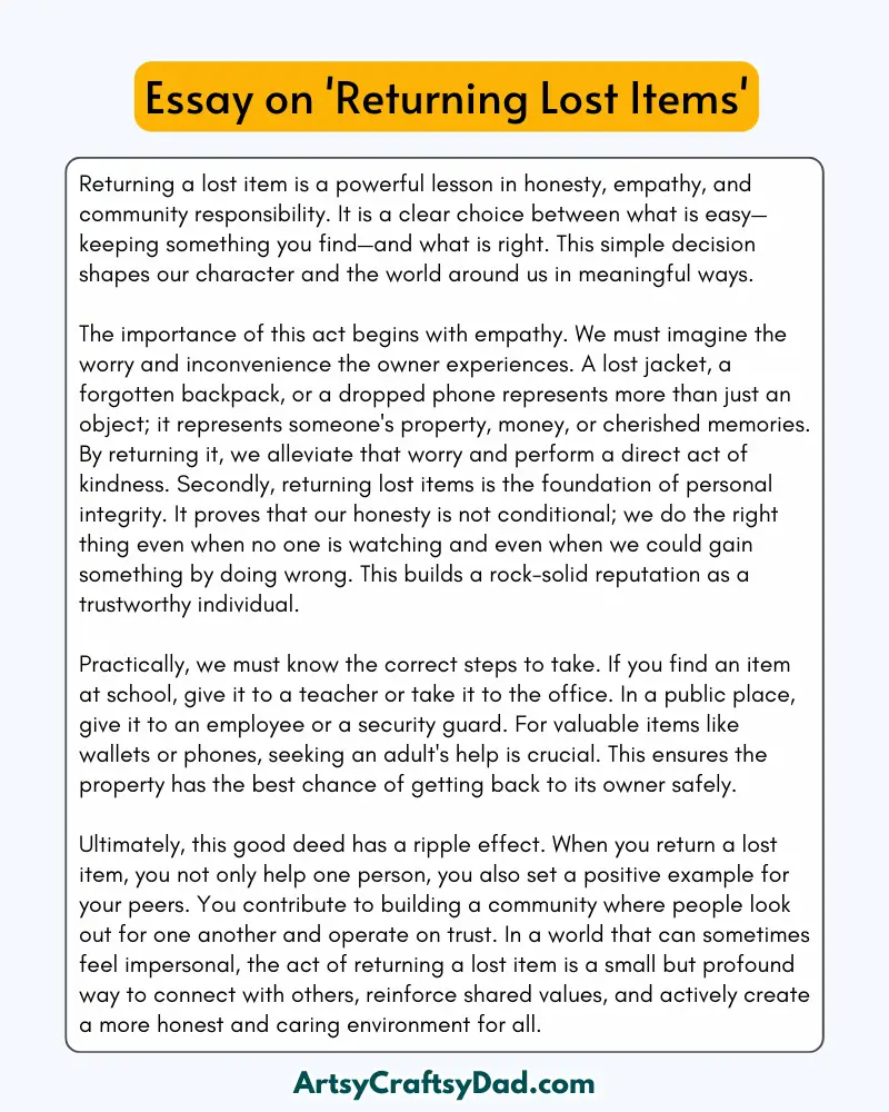 'Returning Lost Items Honestly' - 300 Words  Essay for Grades 7 to 8 Students