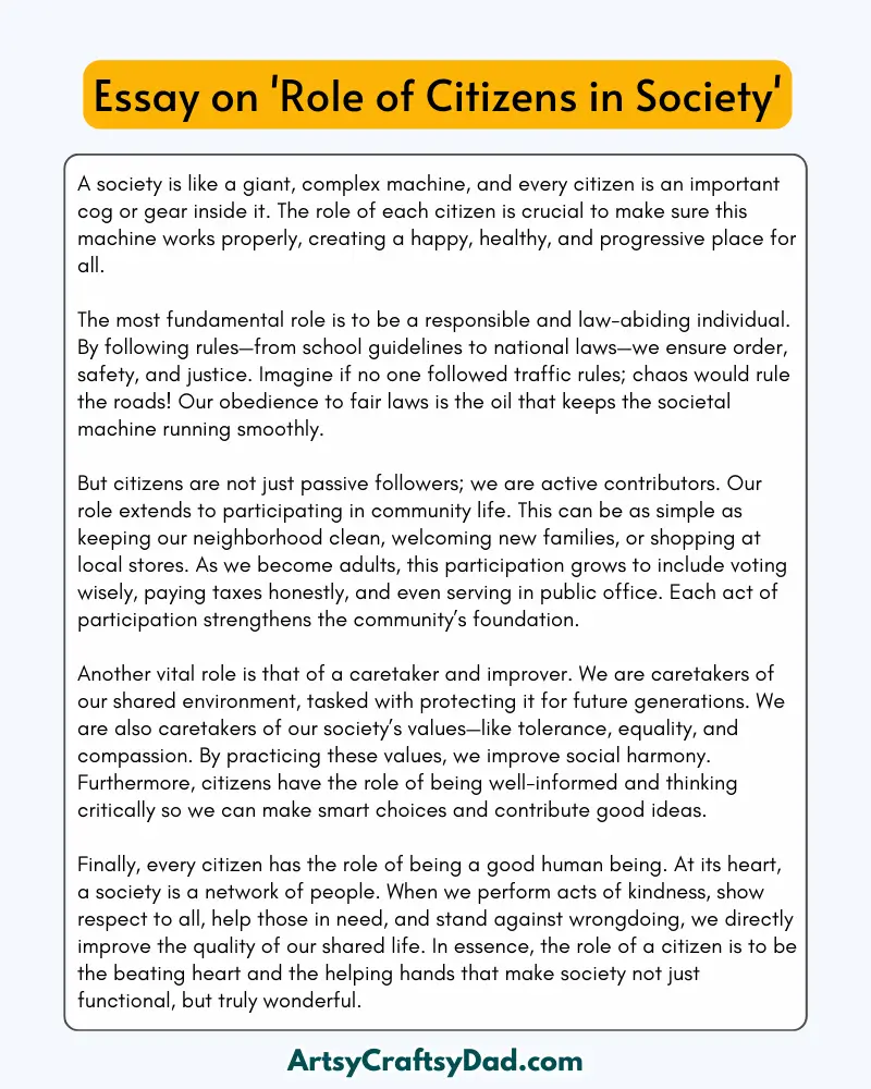 'Role of Citizens in Society' - 300 Words  Essay for Grades 9 to 10 Students