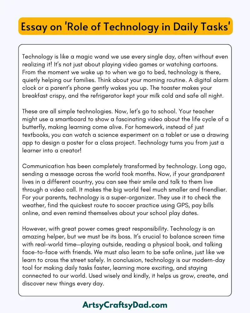 'Role of Technology in Daily Tasks' - 300 Words Essay for Grades 8 to 10 Students