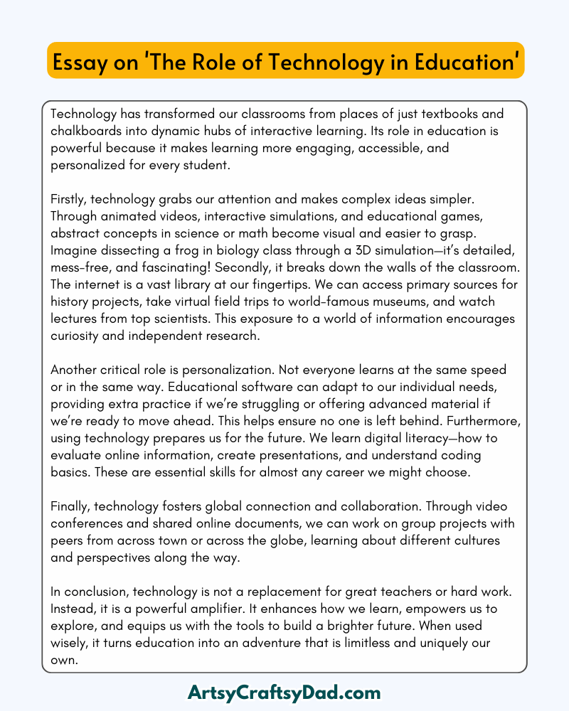 'The Role of Technology in Education'– 300 Words Essay for Grades 8 to 10 Students