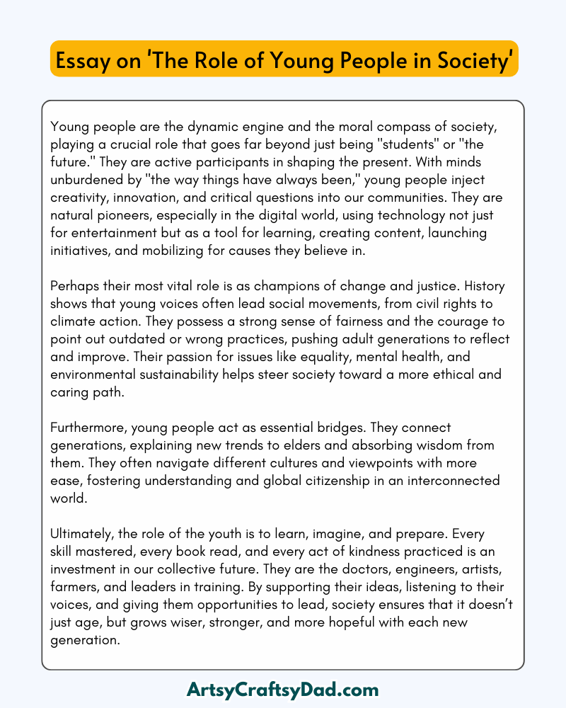 'The Role of Young People in Society' – 300 Words Essay for Grades 7 to 10