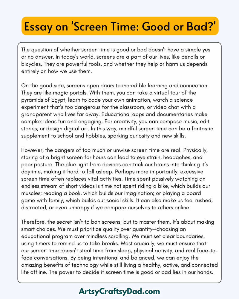 'Screen Time: Good or Bad?' - 300 Words Essay for Grades 8 to 10 Students