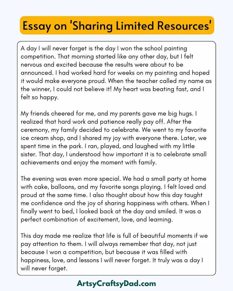 'Sharing Limited Resources' - 300 Words  Essay for Grades 8 to 10  Students