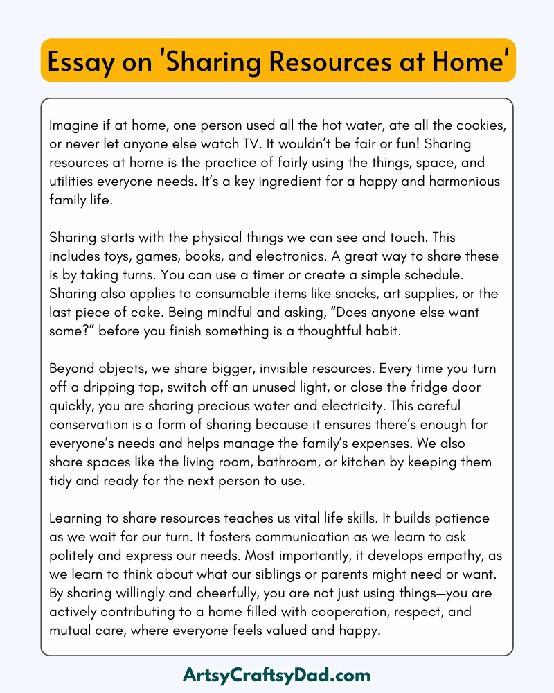 'Sharing Resources at Home' - 300 Words Essay for Grades 8 to 9 Students