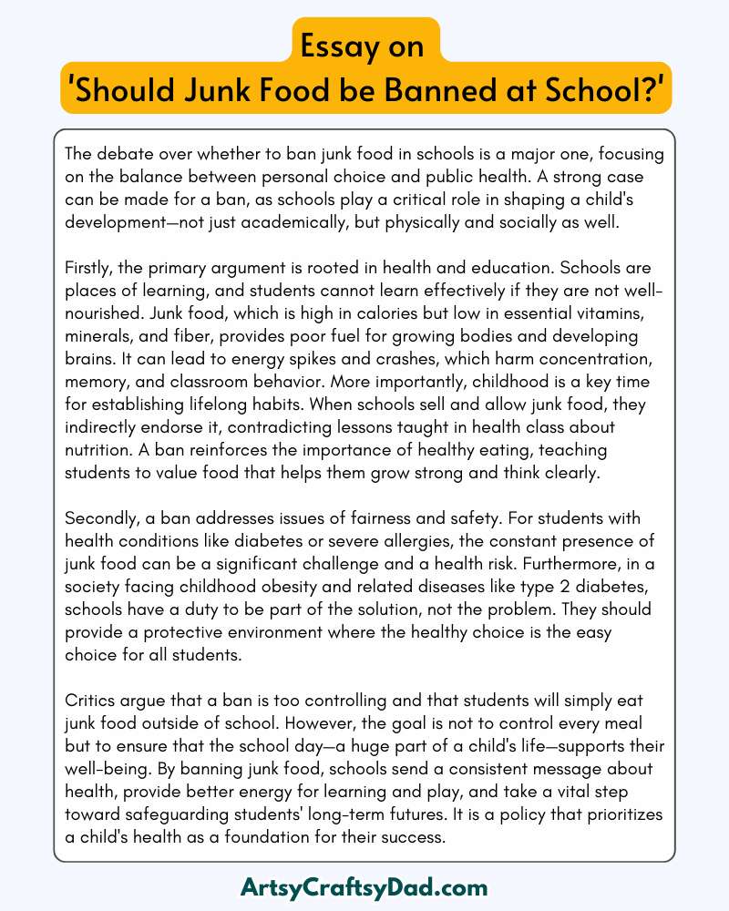 'Should Junk Food be Banned  at School' - 300 Words Essay for Grades 8 to 10 Students