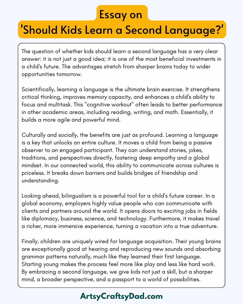 'Should Kids Learn a Second Language?' - 300-Word Essay for Grades 8 to 10 Students