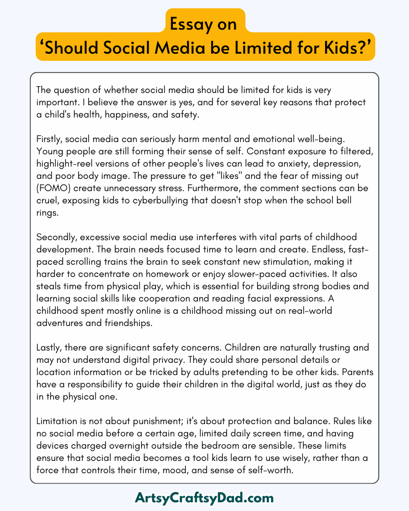 'Should Social Media be Limited for Kids?' – 300 Words Essay for grade 10