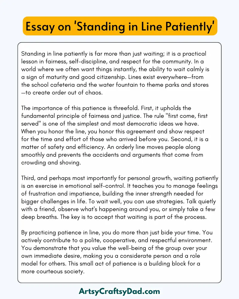 'Standing in Line Patiently' - 300 Words  Essay for Grades 7 to 8 Students