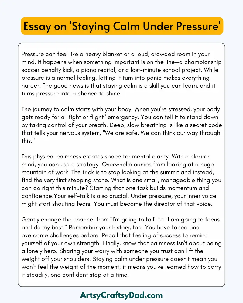 'Staying Calm Under Pressure' - 300 Words Essay for Grades 8 to 10 Students