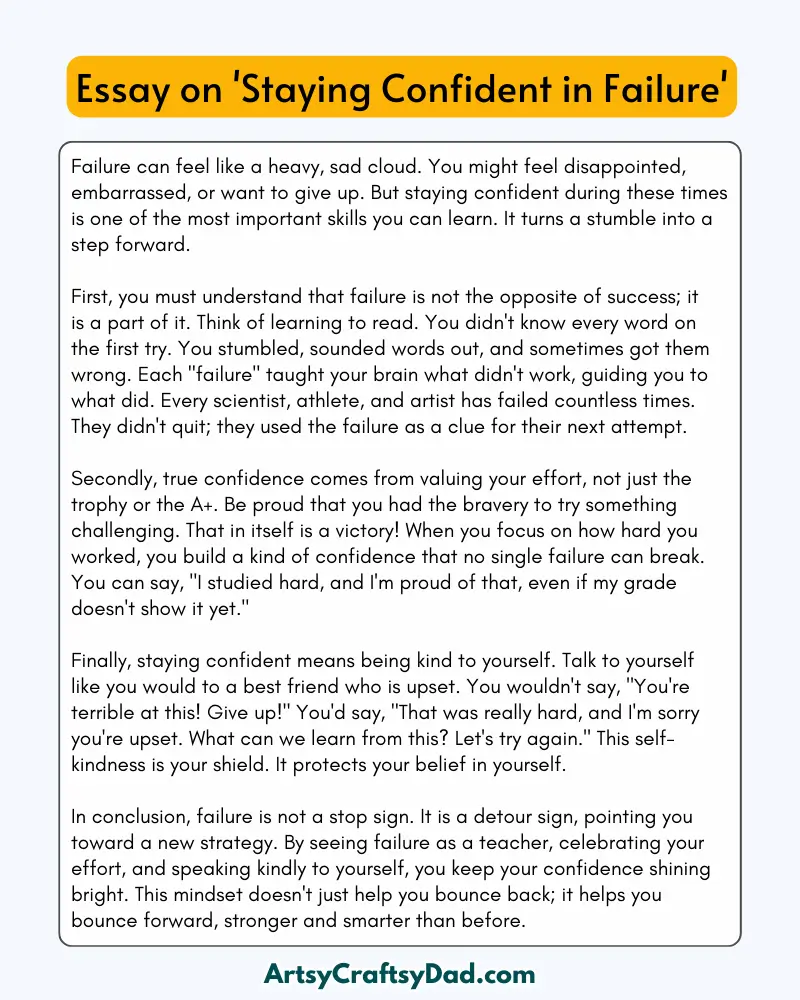 'Staying Confident in Failure' - 300 Words  Essay for Grades 8 to 10 Students