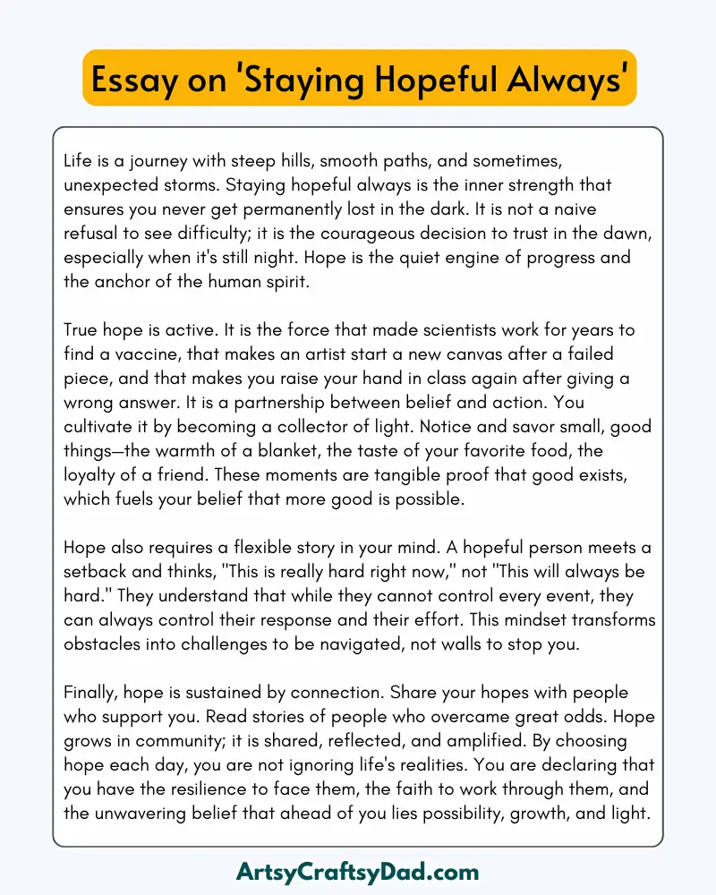 'Staying Hopeful Always' - 300 Words Essay for Grades 8 to 10 Students