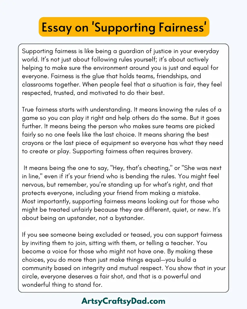 'Supporting Fairness' - 300 Words  Essay for Grades 8 to 10  Students